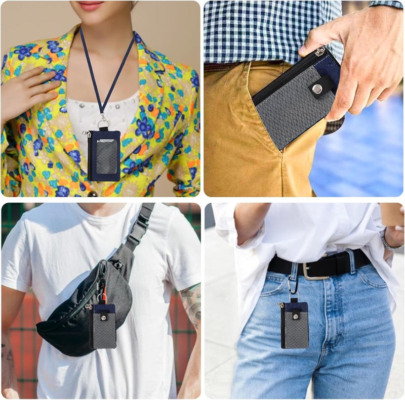 MASAPHIL MASAPHlL Small Lanyard Wallet for Women/Men with RFID Blocking ID Holder, Minimalist Nylon Zipper Lanyard Pouch, Travel Neck Wallet with Keychain, ID Window for Card,Coin,Cash (Gray+Dark Blue) - Image 2